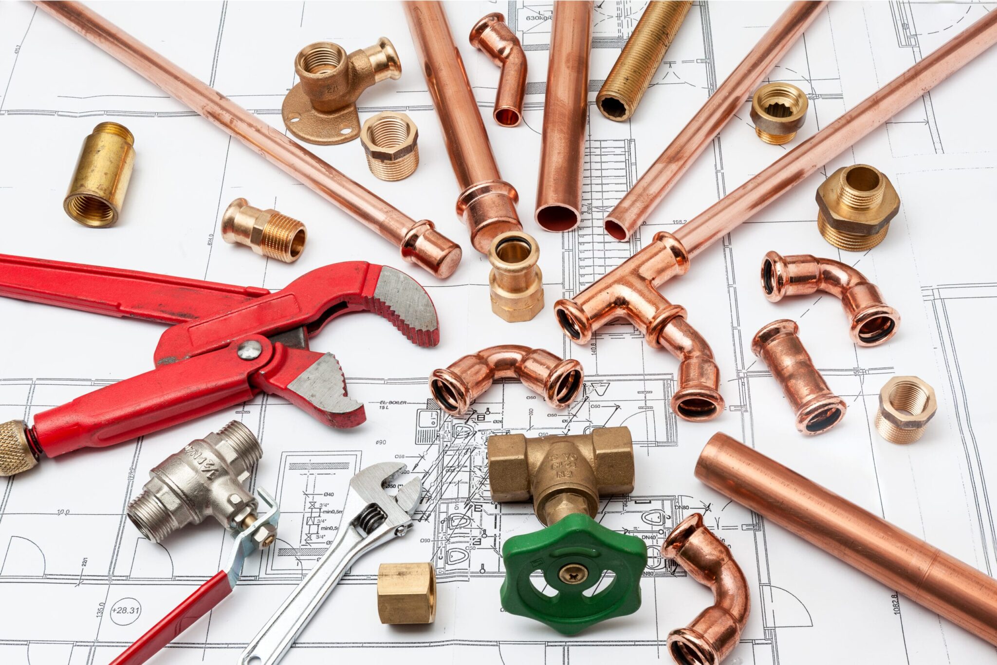 Copper pipes, fittings, valves, and plumbing tools in Seminole