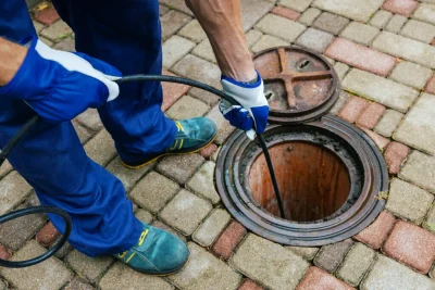 Plumber cleaning an outdoor sewer drain in Seminole