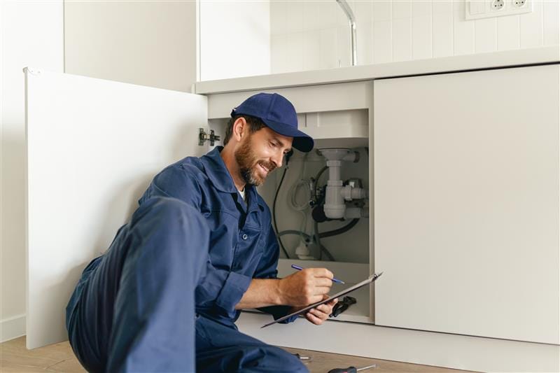 Residential plumber reviewing plumbing repairs in a Seminole kitchen