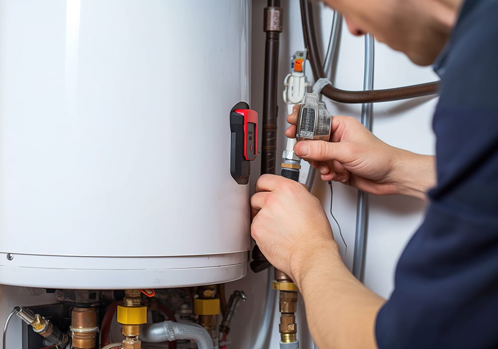 Technician repairing pipes connected to a water heater in Seminole